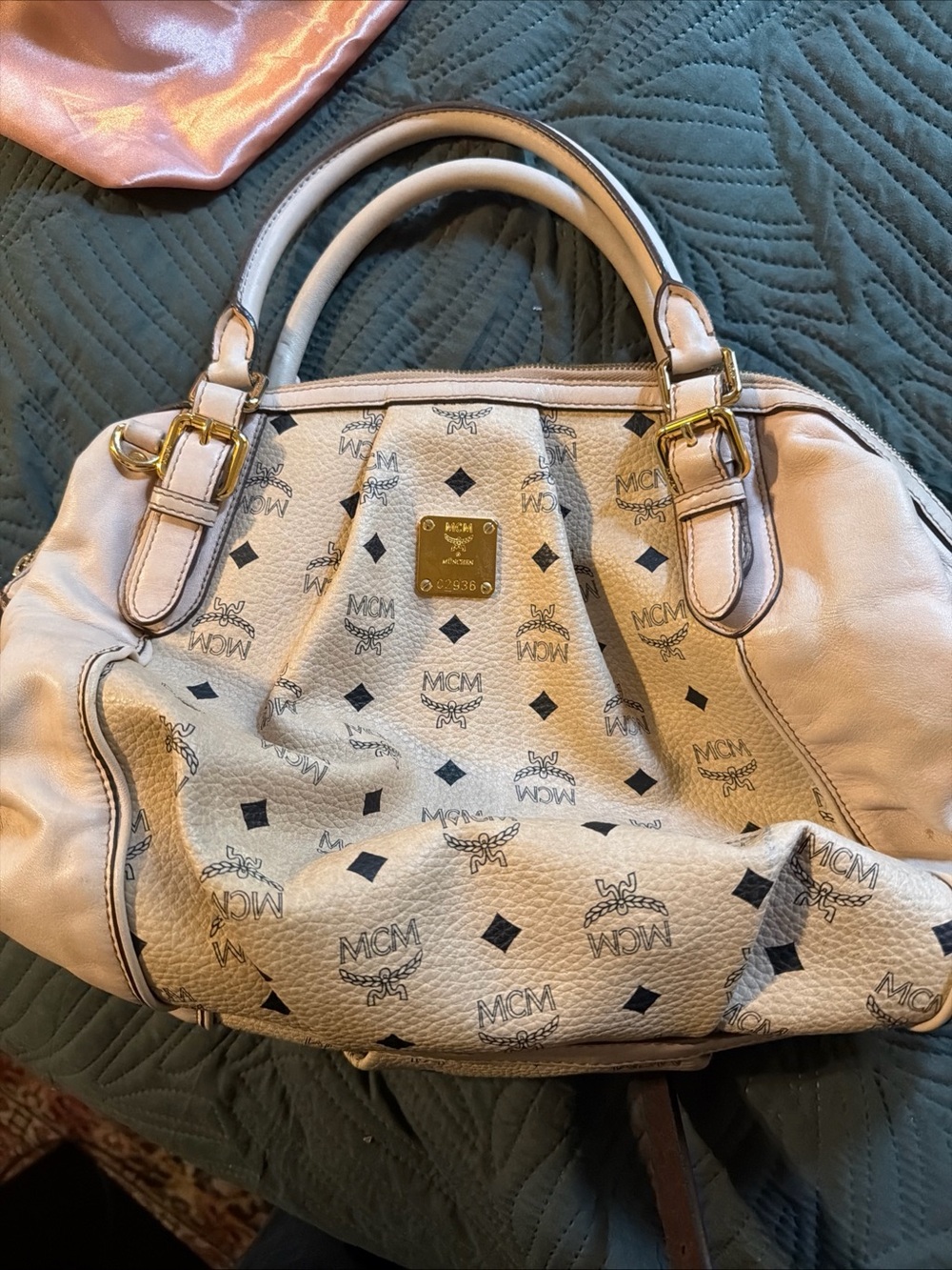 MCM Beige Monogram Visetos Satchel with Black Accents